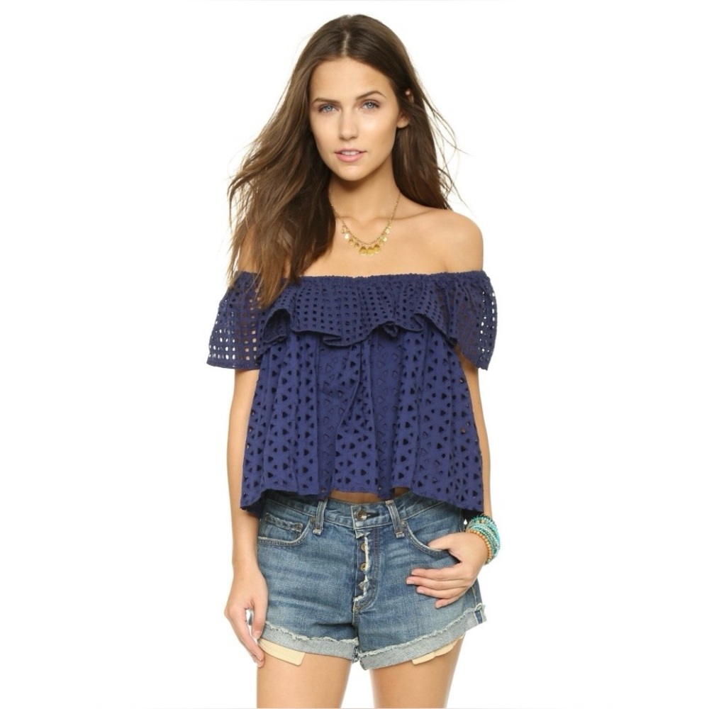 Rebecca Minkoff Off-Shoulder Navy Blue Eyelet Top Sz L